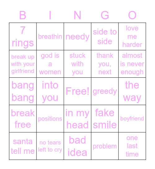 ariana grande bingo Card