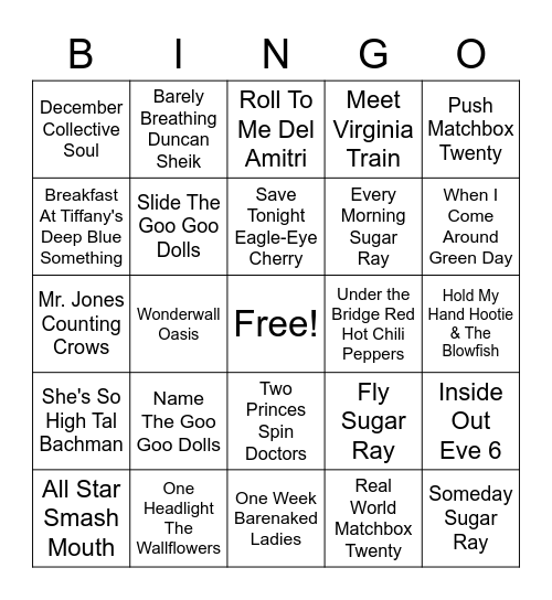 Summer Hits of the (19)90s Bingo Card