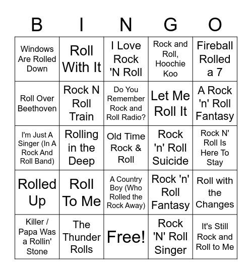 Songs With Roll/Rolled/Rolling/Rollin' In The Title Bingo Card