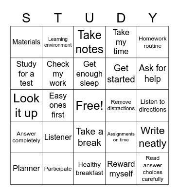 Study Skills Bingo Card