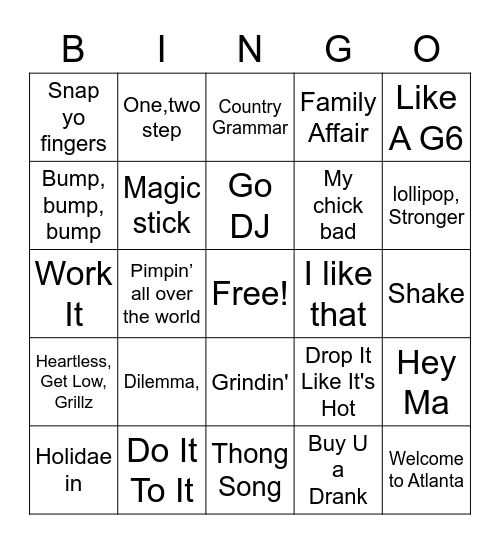 Music Bingo: 2000's Hip Hop Bingo Card