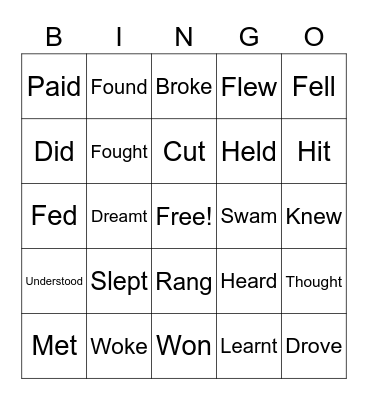 Irregular Verbs Bingo Card