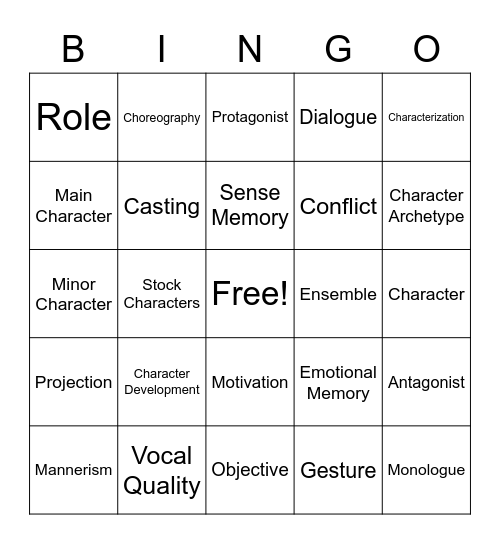 Character Vocabulary Bingo Card