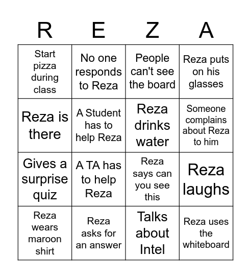 Reza Bingo Card