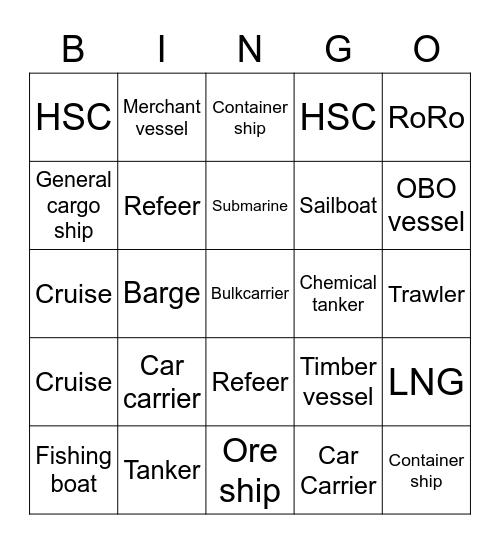 Types of ships Bingo Card