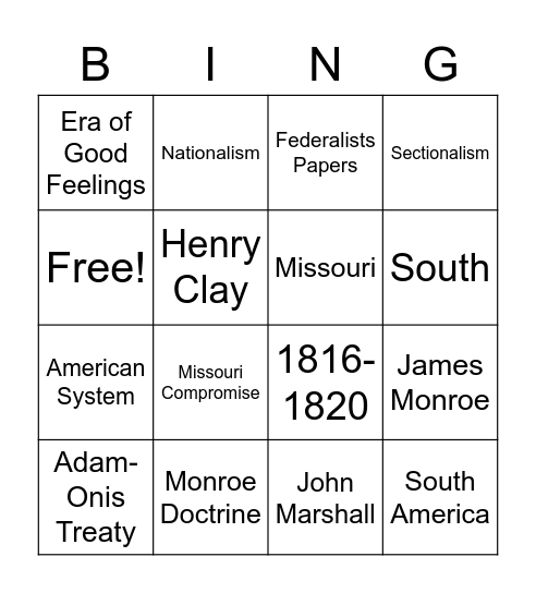 James Monroe Bingo Card