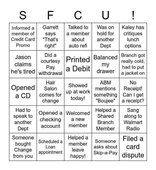 SFCU Bingo Card