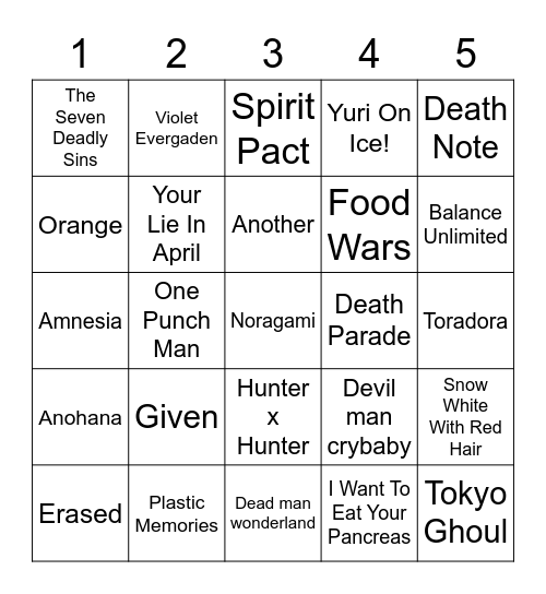anime's to watch Bingo Card