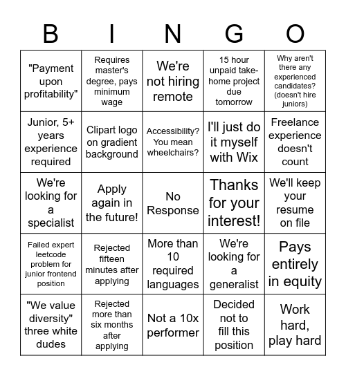 Tech Rejection Bingo Card