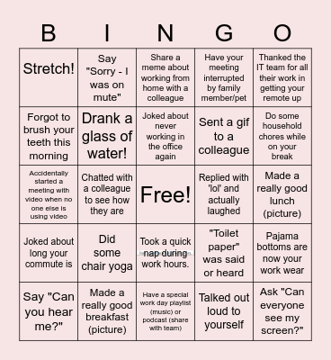 Remote Work Bingo Card