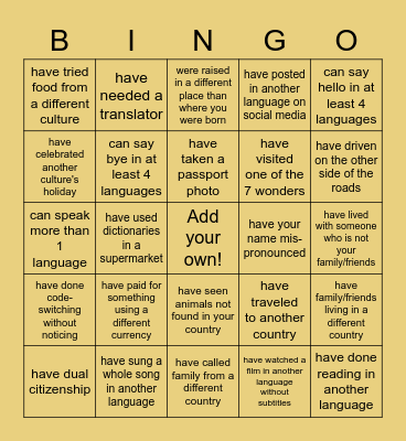 culture shock Bingo Card