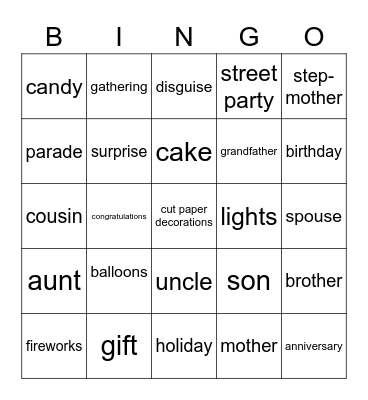 La familia y las celebraciones Bingo Card