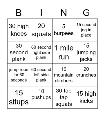 Work out bingo Card