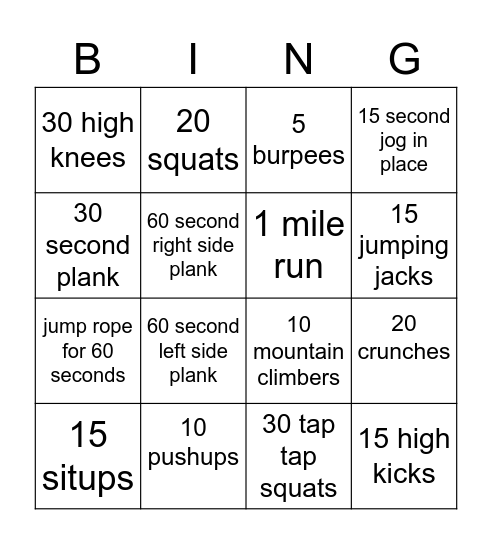Work out bingo Card