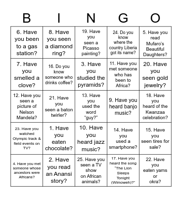 Bingo! U.S. - Africa Connections Bingo Card