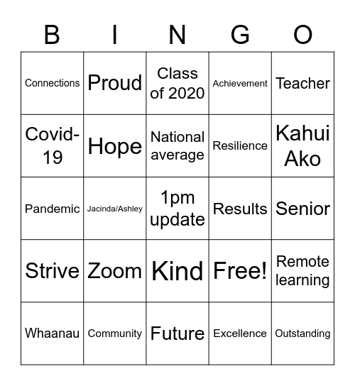 Prize Giving Bingo Card
