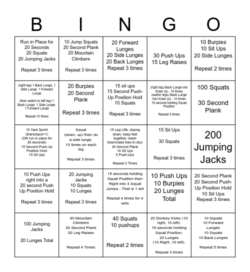 PE WORKOUT Bingo Card