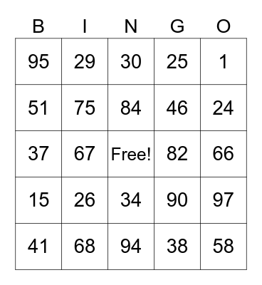 Number Bingo Card