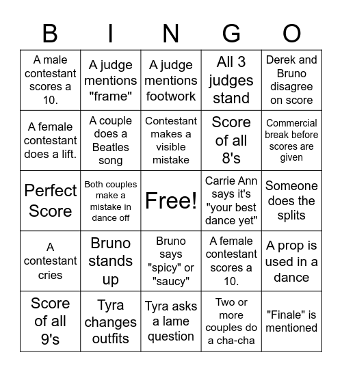 DWTS Bingo Week 9 Bingo Card