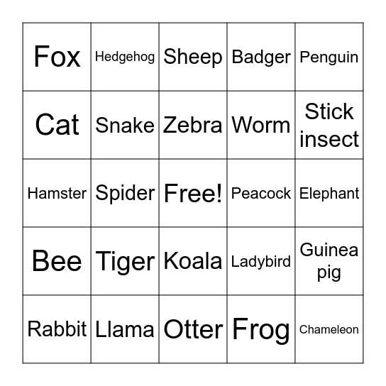 Cara's Favourite Animals Bingo! Bingo Card