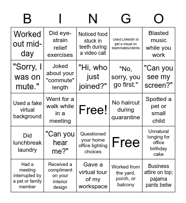 Remote Work Bingo Card