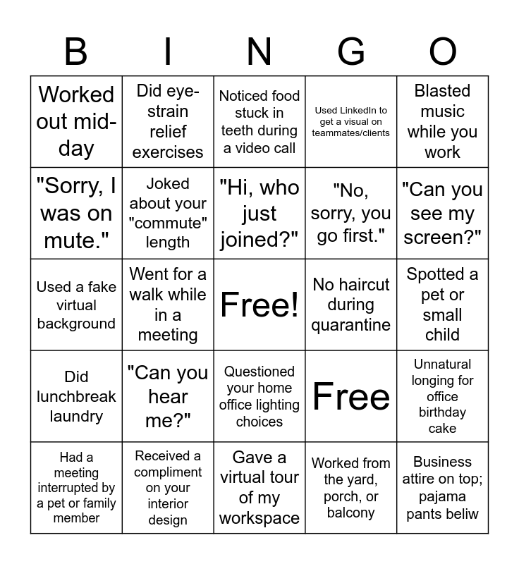 Remote Work Bingo Card