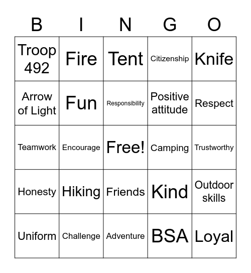 Troop 492 Bingo Card