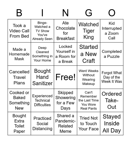 Quarantine Bingo Card