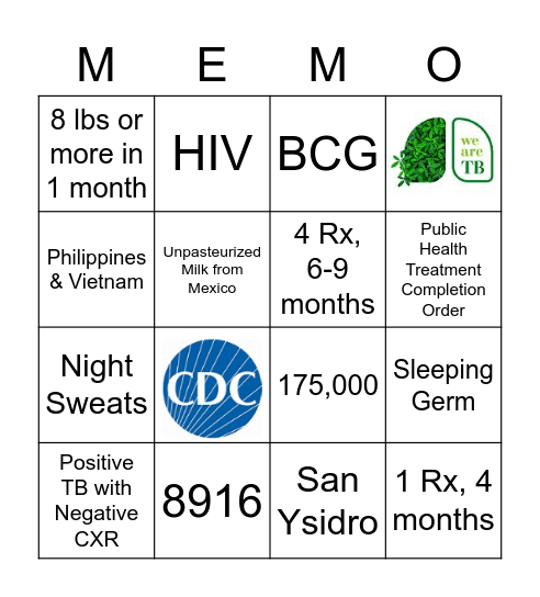TB Prevention MEMO Game Bingo Card