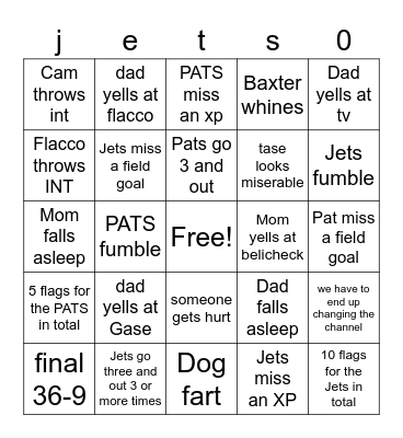 jets vs pats Bingo Card