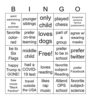 Similarities w/ Others Bingo Card