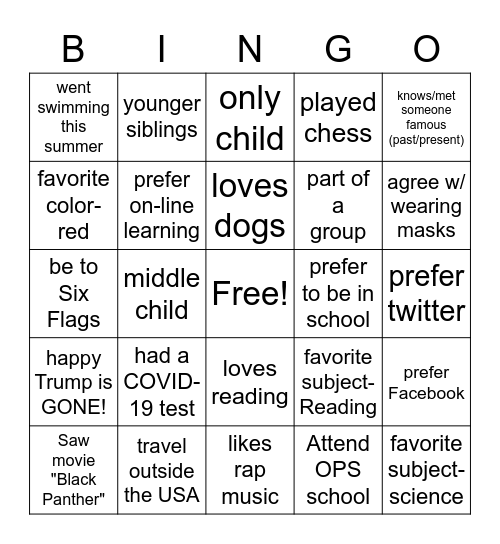 Similarities w/ Others Bingo Card