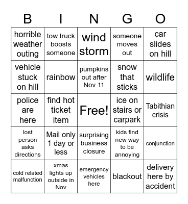 Winter 2020 bingo Card