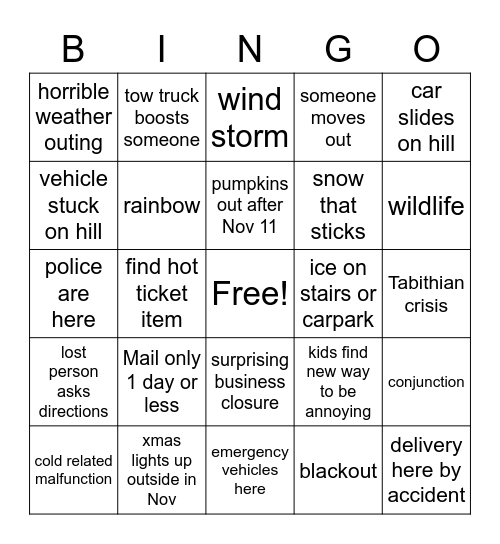 Winter 2020 bingo Card