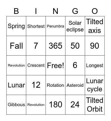 Sun-Earth-Moon Bingo Card Bingo Card