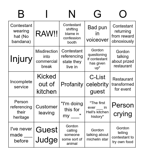 Hell's Kitchen bingo Card