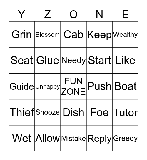 Y-Zone Synonym Bingo Card