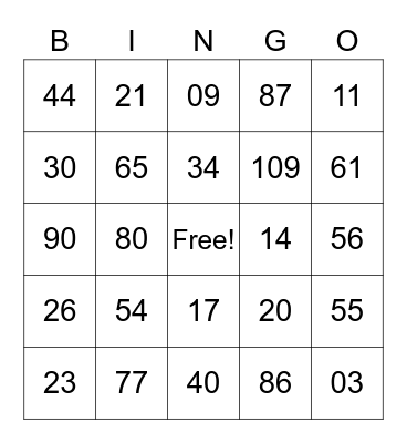 Number Bingo Card