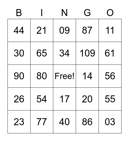 Number Bingo Card