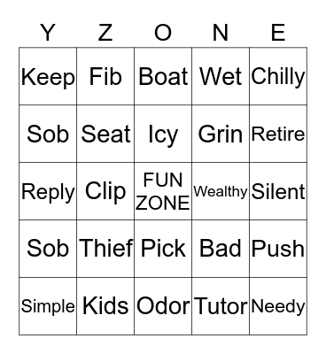 Y-Zone Synonym Bingo Card