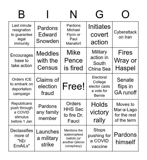 Lame Duck Bingo Card