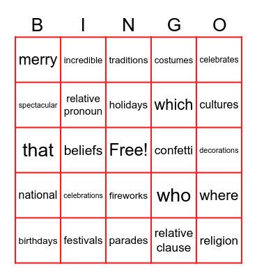 CELEBRATIONS UNIT 4 Bingo Card