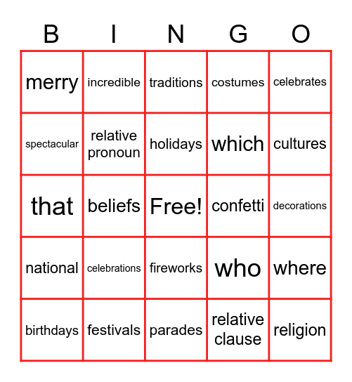 CELEBRATIONS UNIT 4 Bingo Card
