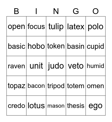 V/CV Pattern Bingo Card