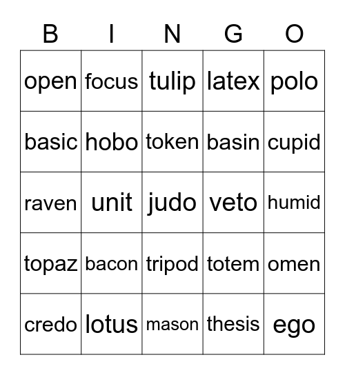 V/CV Pattern Bingo Card