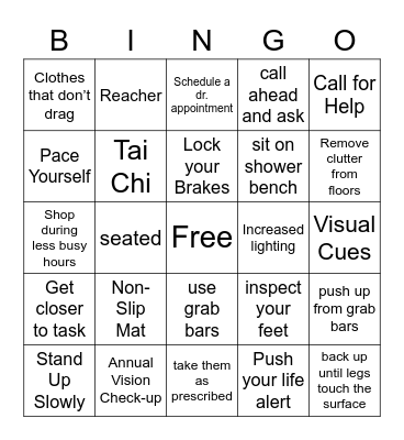 Fall Prevention Bingo Card