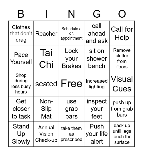 Fall Prevention Bingo Card