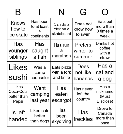 Getting to Know You Bingo Card