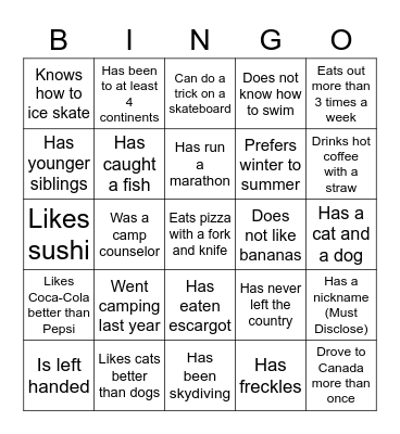 Getting to Know You Bingo Card