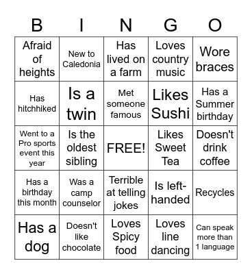 Getting to Know You! Bingo Card